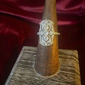 Art Deco Filigree Silver and Crystal Ring Size 6